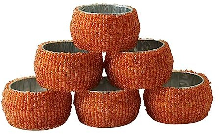 Ajuny Set of 6 Napkin Rings Handcrafted Beaded Round Orange Decorative 1.5” Napkin Ring Holder for Everyday Use Dining Table Décor & Organisation Gift