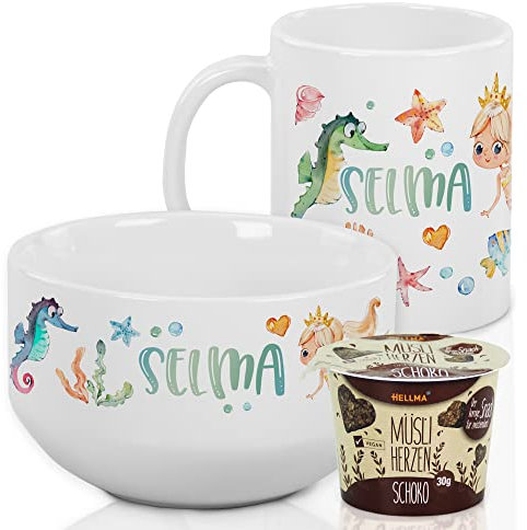 GRAZDesign Frühstücksset Kinder personalisiert mit Namen – Meerjungfrau Müslischale mit Tasse aus Keramik - 3-teiliges Geschirrset - Geschenkset für Jungen und Mädchen, spülmaschinengeeignet