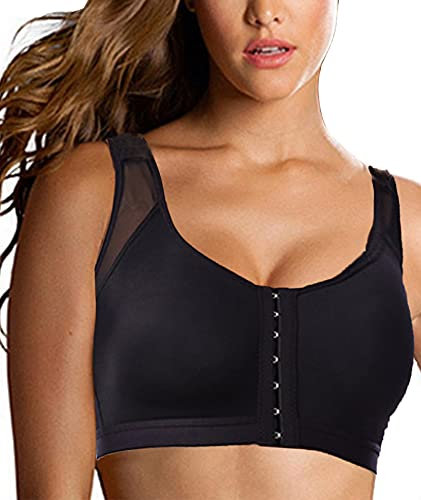 Jengo Post Surgery Compression Bra - Front Closure, Wireless Sports Bra for Women - Close Breast Augmentation (Black, Medium)