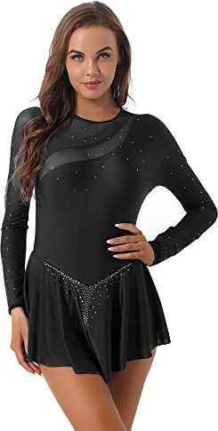 iEFiEL Damen Langarm Ballettkleid Eiskunstlauf Kleid mit Glitzer Kristallen Ballettkleidung Gymnastik Leotard Turnanzug Tanzkostüm Wh Schwarz M