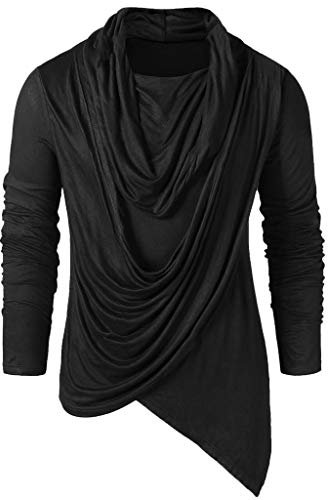 Noir Chemise Homme Gothique Manches Longues Col Châle Vintage Asymétrique Tee Shirt Homme Steampunk Chevalier Couleur Unie Haut Respirante Décontractée Pas Cher T Shirt Printemps Eté M