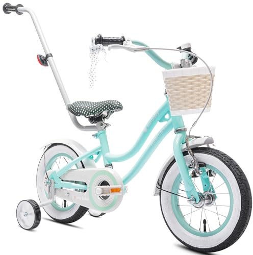 sun baby Mädchenfahrrad 12 Zoll Radgröße Heart Bike zur Auswahl, mit Abnehmbarer Schubstange, Kinderfahrrad für Mädchen von 2 bis 6 Jahre (Mintgrün/Schwarz, 12 Zoll)