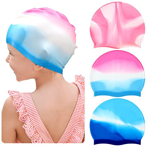 Zhanmai 3 Pieces Kids Swim Caps for Long Hair Silicone Swimming Cap for Girls Boys Teens with Long Curly Hair Braids Dreadlocks Large Waterproof Swim Hat(Tie-dye,Mixed Colors)