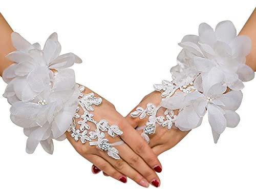 Asudaro 1Paar Damen Spitzenhandschuhe, Frauen Spitze Fingerlose Handschuhe Satin Hochzeits Perlen Handschuhe Etikette Armstulpen Damen Elegante Tanzhandschuhe für Hochzeit Verlobung Jubiläum,Weiß