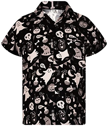 King Kameha Funky Hawaiihemd Herren Kurzarm Fronttasche Hawaii-Print Halloween Kürbis Grusel Funky Pumpkin Prints