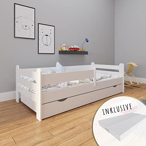 Kids Collective Kinderbett 180x80 mit Matratze, Rausfallschutz, Schublade & Lattenrost in weiß 80 x 180 Mädchen Jungen Bett Skandi…
