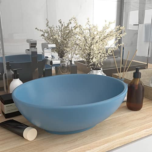 HOMIUSE Luxuriöses Ovales Waschbecken Matt Hellblau 40x33 cm Keramik Waschbecken Aufsatzwaschbecken