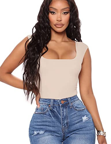 Aranmei Body sexy da donna con scollo quadrato senza maniche canotta body Teddy Clubwear per uscire, Albicocca, XXL