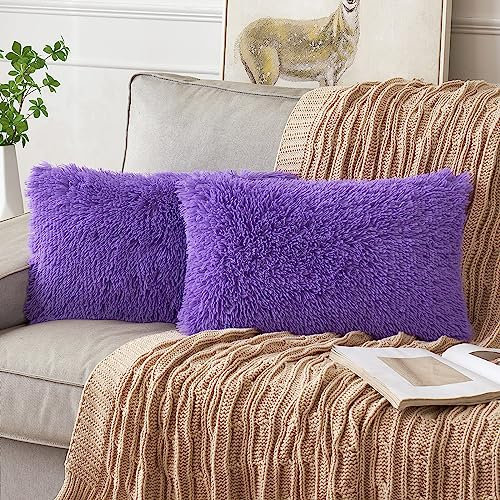 ANRODUO 2 Stück Luxus Kunstpelz Serie Wurfkissenbezüge Dekorative Shaggy Flauschige Plüsch Kissen Fall Mongolischer Merino-Stil Kissenbezug für Sofa Couch Bett Auto 30,5 x 50,8 cm Lila