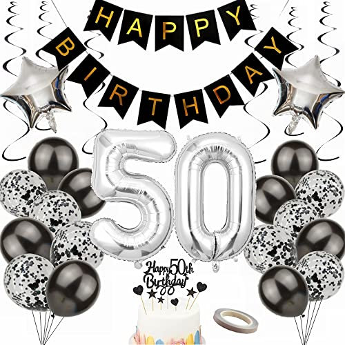 Yunchu Online Luftballon 50. Geburtstag Dekoration 50 Jahr Männer Frauen Black and Silber Party Deko 50. Geburtstag Männer Party Deko 50 Geburtstag Männer Deko Geschenk 50 jahre Geburtstag deko Ballon