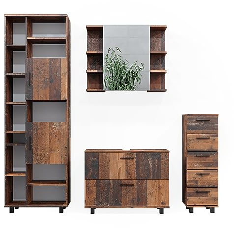 Vicco Badmöbel-Set Ilias, Eiche rustikal 80.2 cm | besteht aus Waschbeckenunterschrank, Spiegelschrank, Hochschrank und Midischrank