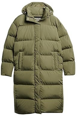 Superdry Damen Lang Geschnittener Steppmantel mit Kapuze Wild Kaki 36