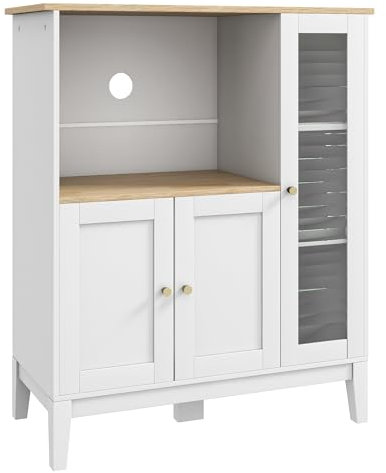 HOMCOM Meuble Micro-Ondes, Armoire de Cuisine, Buffet, avec 1 Niche 3 Portes, Passe-câbles, pour Cuisine, Salle à Manger, Salon, 80 x 35 x 97 cm, Verre trempé, Blanc et Aspect Bois