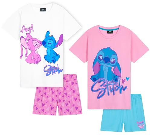 Disney Ensemble de Pyjama avec T-Shirt et Short Fille - Cadeau Stitch Fille (Rose/Bleu - Lot de 2, 9-10 Ans)