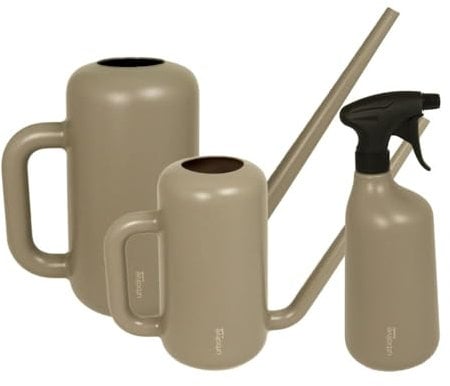 MePla - Set Gießkanne Pilea 3,8L + 1.8L + Sprüher 1,0L - Taupe, wetterfest aus UV-beständigem Kunststoff