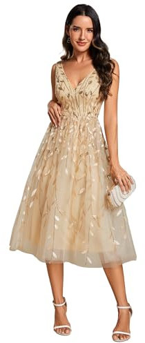 Ever-Pretty Abito da Cerimonia Paillettes Elegante Donna Senza Schienale Foglia Scollo A V Linea A Vita Impero Abito da Ospite di Nozze Donna Scintillante Oro 44