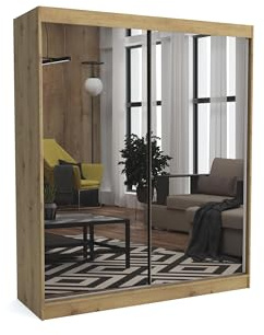 Brent - Kleiderschrank mit Spiegel Dave, 180cm Breit, Schlafzimmerschrank mit 1 Kleiderstange und Einlegeböden für Kleidung, Kleiderschrank Artisan Eiche