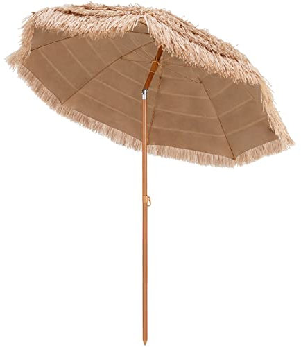 COSTWAY Sombrilla Playa, Sombrilla Terraza Exterior con Apariencia de Paja y 8 Costillas, Sombrilla de Playa Inclinable 30°y Plegable para Jardín, Parasol Exterior sin Base (Natural, φ208 cm)