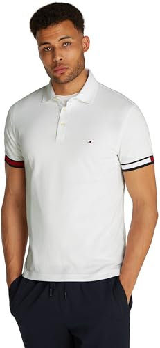 Tommy Hilfiger Men’s Short Sleeve Flag Cuff Slim Fit Polo Shirt, White (White), L