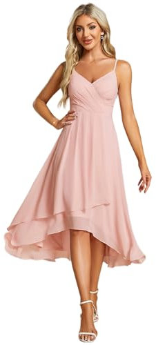 Ever-Pretty Robe Invitée Mariage Femme Bretelles High Low sans Manches Mousseline Col V Ourlet Irrégulier Rose 48