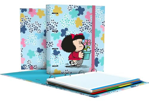 Grafoplás | Carpeta 4 Anillas con Recambio a4 | Mafalda Lively | Incluye 100 Hojas Cuadriculadas 5x5 | Separadores y Sobre con Cierre | Lomo Curvo Ergonómico | Carpebook | Perfecto Material Escolar