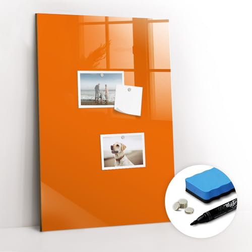 Tulup Magnettafel Magnetpinnwand 40x60 Magnetisch zum Beschriften Glasplatte Schreibtafel mit Motiv Tafel abwaschbar für die Wand mit Magneten und Stift - orange Farbe