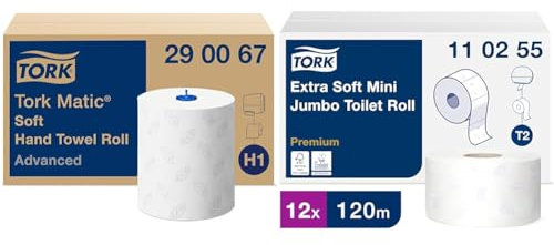 Tork Matic Essuie-mains Rouleaux en papier doux Advanced 290067 - Papier d'essuyage & Papier Toilette mini Jumbo extra-doux blanc T2, Premium, 3 plis, 12 x 120 m, 110255