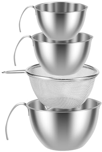 Sutowe 4Pcs Mixing Bowl Set with Mesh Strainer Stainless Steel Nesting Bowl with Pour Spout & Lid Space Saving Salad Bowls 250/400/700ml Metal Prep Bowls for Cooking Baking Food Prep
