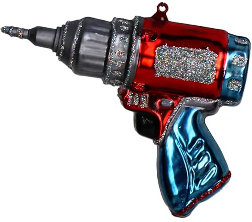 Christbaumschmuck Glas 12,7cm - Bohrmaschine Figur zum Aufhängen - handbemalt & mit Glitzer - Weihnachtsbaum Anhänger für Weihnachten - Christbaumanhänger & Weihnachtsbaumschmuck - Werkzeug Rot Blau