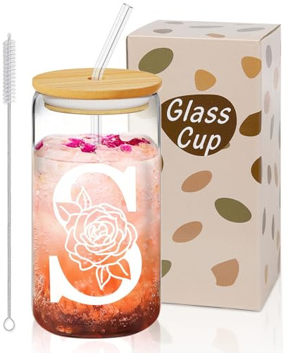 Caossuixin A-Z 26 Initial Glass Cup, 16 oz Glass Cups w/Lids Straws, Gifts for Women, Iced Coffee Tumbler, Personalised Custom Cute Christmas or Birthday Gifts for Mom, Teachers, Friends, Initial A