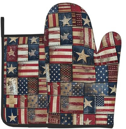 USA Flag Patchwork Printed Oven Mitts and Pot Holders Set of 2 Pcs Heat Resistant Non-Slip Oven Gloves and Potholders for Kitchen Cooking Baking Grilling