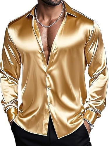 Barry.Wang Men's Champagne Gold Shirts Long Sleeve Dress Shirt Stretch Button Down Satin Shirt Formal Casual Business Wedding