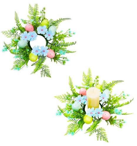Osterdeko Kerzenringe, 2 Stück Osterkranz Kerzenkranz Künstlicher Frühlingskranz Kerzenring Osterkranz Kerzenkranz für Stumpenkerzen Frühlingskranz Blumenkranz für Osterdeko Tischdeko (F)