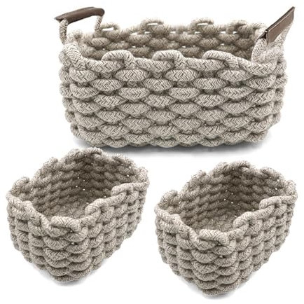 Icegrey Aufbewahrungskorb Baumwolle Strickkorb Dekorative NatüRliche Rechteck Wasserdichter Aufbewahrungsboxen Organisatoren für Babyzimmer, Schlafzimmer, Wohnzimmer, Grau 2, 3er Pack