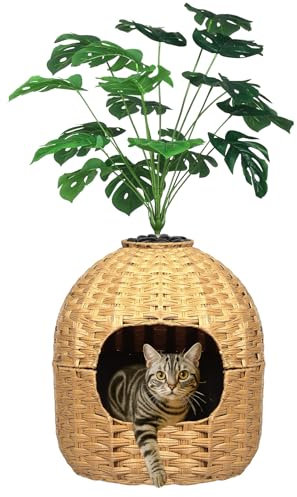 Hidden Cat Litter Box Enclosure Enclosed Cat Litter Tray with Faux Plant, Decorative Handwoven Rattan Round Planter, Carbon Filter for Odor Control, Easy to Clean, in Living Room, Bedroom, Natural