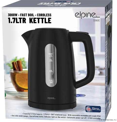 1.7L Black 3000W Cordless Kettle - Electric Fast Boil Auto Shut Off | 360 Rotational Base | For Hot Water, Tea or Coffee | Removable Washable Anti-scale Filter, Status Indicator Light - 1.7 Litre