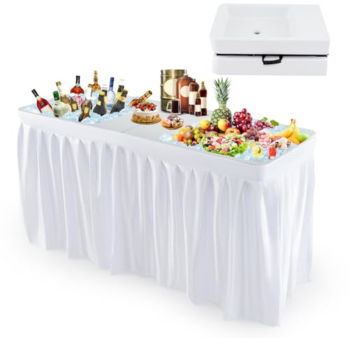 GIANTEX Table de refroidissement pliable avec double évier profond et trou de drainage, refroidisseur de boissons avec jupe de table amovible, table de jardin portable pour fête, camping, pique-nique