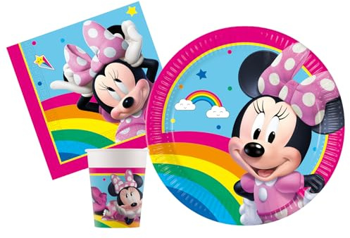 Kit Party Tavola Disney Minnie Rainbow per 8 persone (36 pezzi: 8 piatti Ø23cm, 8 bicchieri 200ml, 20 tovaglioli 33x33cm) in carta FSC compostabile eco-friendly