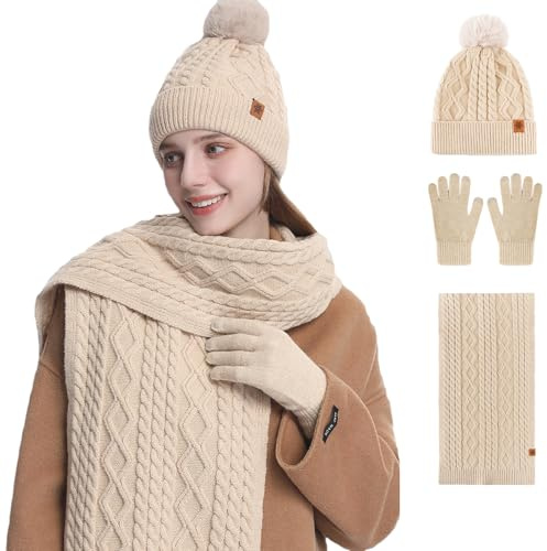 MAZELIKEHOOD Hat Scarf Gloves Set for Women 3Pcs Ladies Winter Warm Knitted Beanie Hat Scarf Neck Warmer Gloves 3 in 1 Cold Weather Set