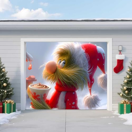 TTCHANG Bannière de porte de garage de Noël – Toile de fond festive pour la maison et l'extérieur, motif elfe et scène de neige pour garage, porche, salon ou chambre à coucher, 2,4 x 2,1 m
