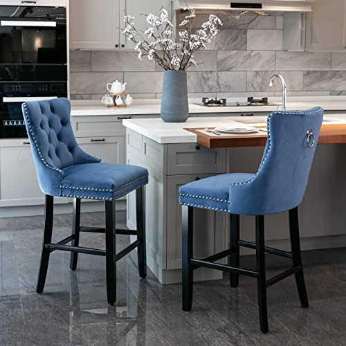 HAUSPROFI Barhocker 2er Set, Barhocker Höhenverstellbar mit Lehne, Gepolsterter Samtsitz, Knopfverzierung, Holzbeine, Verchromte Nagelkopfverzierung, für Küche Hausbar (Blau)