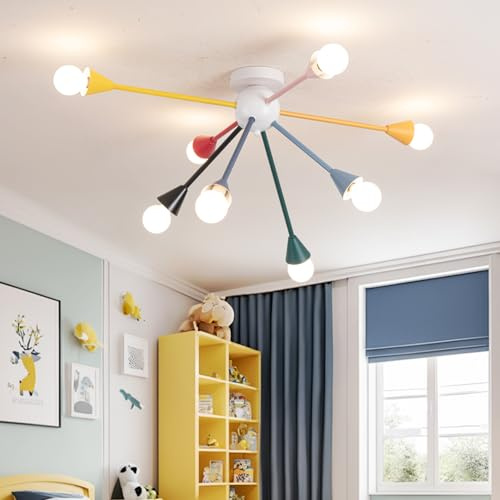 YOLEDY Bunte Deckenleuchte für Kinderzimmer, 8-flammige Moderne Sputnik Deckenlampe, Kinderlampe für Spielzimmer, Schlafzimmer & Wohnzimmer, Metall Leuchte, E14 Fassungen