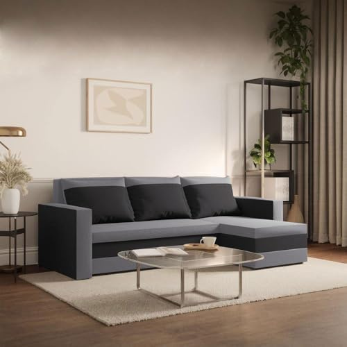 FORNIRO 24 Loft Ecksofa 225x130x75cm Graphit Wohnzimmer Couch Schlafsofa | Mit Schlaffunktion & Bettkasten - L-Form - Kissen - Stoff Basic | ausziehbar Gäste bequem Stauraum Design hochwertig Eckcouch