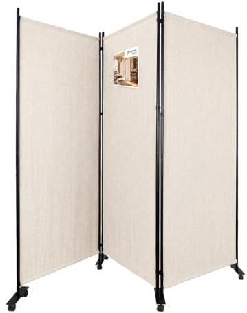 VOUNOT® Biombo Separador Plegable 3 Paneles Separador de Ambientes con Ruedas 262x30x180 cm Pantalla Privacidad Tela Poliéster Marco Metal Divisor de Habitación para Oficina Dormitorio Interior Beige