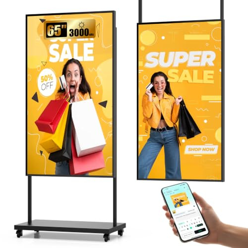 HARZHI 65'' 4K UHD Schaufenster Display LCD Digitaler Werbedisplay Digital Signage 3000Nits Hochheller, Cloud/App/Fernsteuerung, HDMI/USB/WiFi, für Stand/Hänge/Wandmontage für Geschäfte und Läden