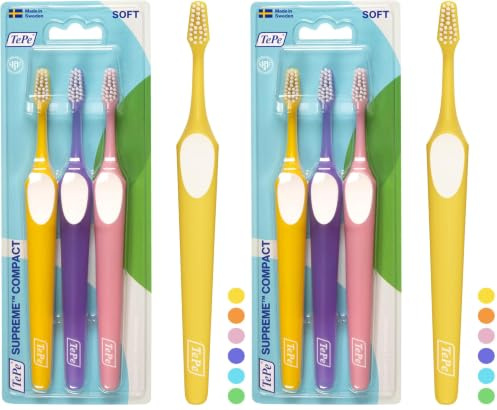TePe Supreme Compact Zahnbürste, Soft, 3 Stk., farblich sortiert, effiziente Reinigung mit zweistufigem Borstenfeld, kleiner Bürstenkopf für Erwachsene und ältere Kinder (Packung mit 2)