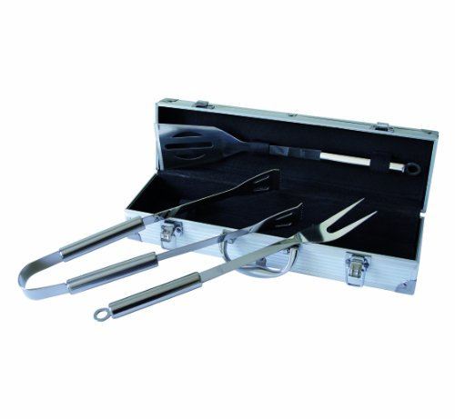 Pradel Excellence - Valise Métal 3 Pièces pour Barbecue - 1 Spatule + 1 Fourchette à Viande + 1 Pince - Lames et Manches en Inox - Set Ustensiles Barbecue