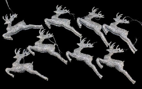 Set Of 8 Silver Glitter Reindeer Christmas Tree Hanging Ornament Decorations