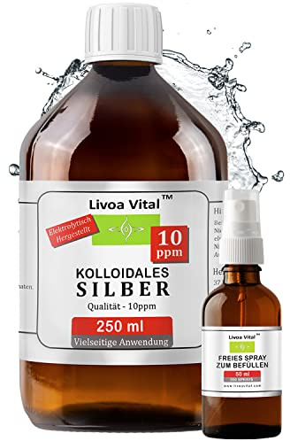 Kolloidales Silber, 10ppm, 250ml Silberwasser, 100% Natürlich, Konzentriert | Kleine Partikel, Höhere Wirksamkeit durch Spezielles Verfahren, Lange Herstellungserfahrung, Auffüllbare 50ml Sprühflasche