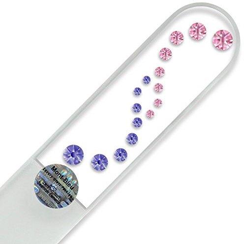 Large Crystal Glass Nail File hand decorated with Swarovski crystals, Hand Made in Czech Republic (Europe), Czech Tempered Glass, Lifetime Guaranty, in Suede Sleeve (Light Rose - Tanzanite)